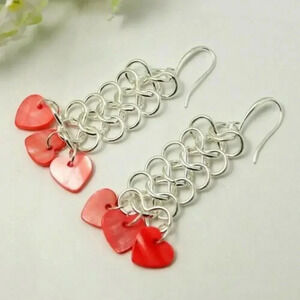 Handmade Silver Chainmail Dangle Earrings Red Hearts Mother of Pearl Shell